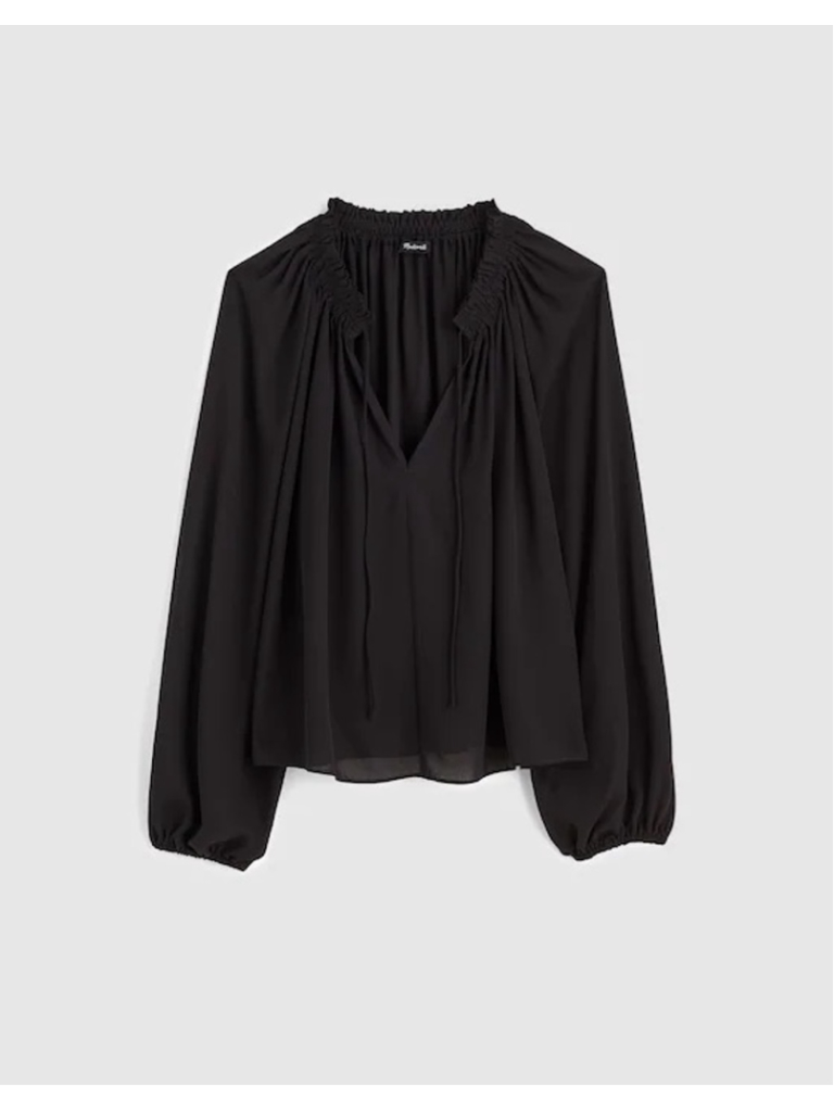 Nwt Madewell Long-Sleeve Tie-Neck Top In Black Size Large